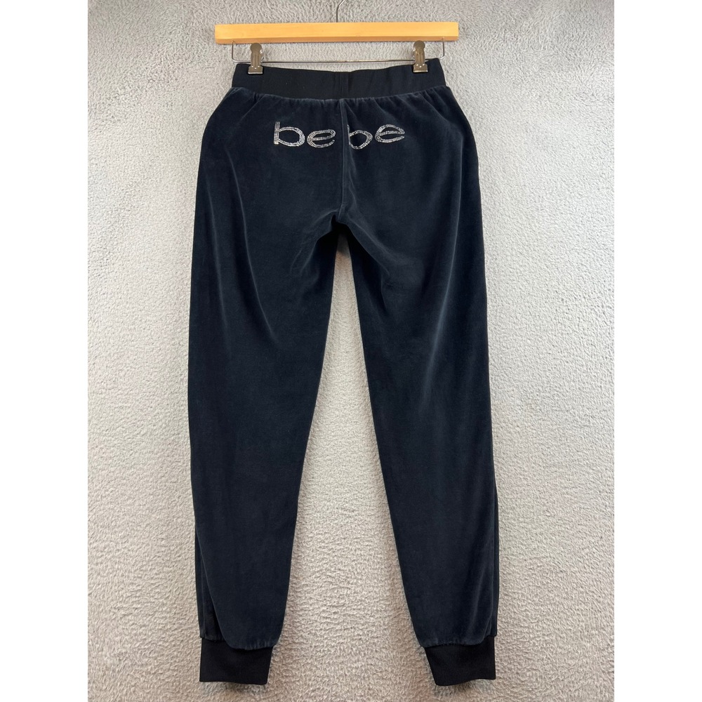 Bebe Black Velour Joggers Rhinestone Logo Y2K Track Pants Womens Small
